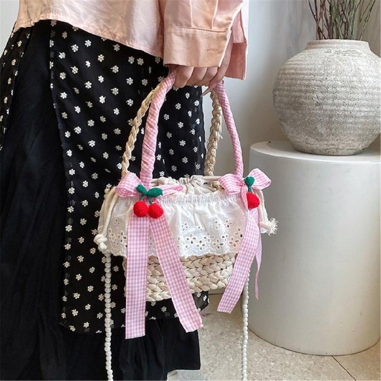Cute Bowknot Woven Straw Handbag Beach Ruffle Lace Pearl Chain Crossbody Bag