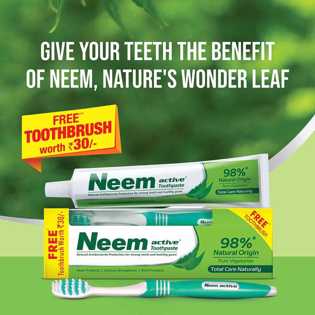 Зубная паста Neem Active 200 г со сверхмягкой зубной щеткой | Натуральный ним и кальций для ухода за полостью рта | Антибактериальная защита и мятное свежее дыхание