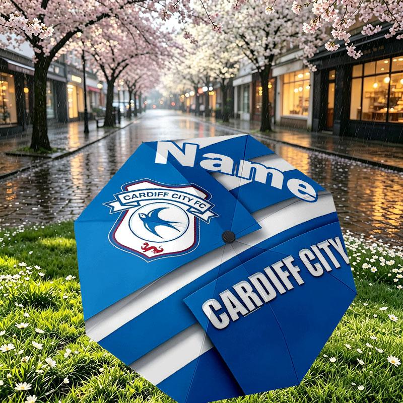 Custom Name Personalized Cardiff City FC Print Umbrella, Auto Open Close, 8‑Rib Sturdy Frame, Commute Camping Hiking Use, Birthday Gift