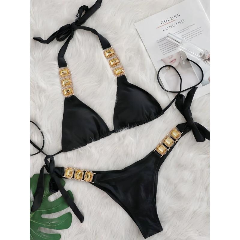 Сексуальный комплект бикини со стразами Женский 2025 Роскошный розовый с кристаллами и бриллиантами Пуш-ап Бандажный купальник стринги Пляжный купальник Купальник