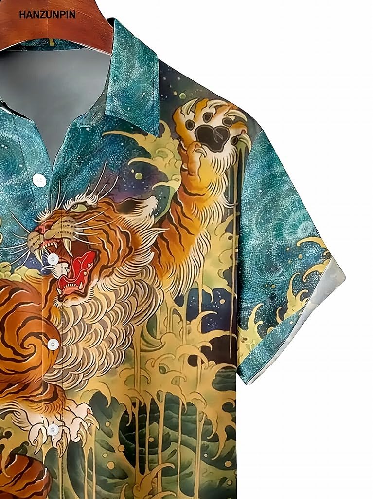 Рубашка с тигровым принтом Алоха, короткая, яркая, летняя, гавайская, большого размера [syatu032-L], Рукав, Стиль якудза/янки, Наряд, Фестиваль/Фейерверк, Мужская мода,