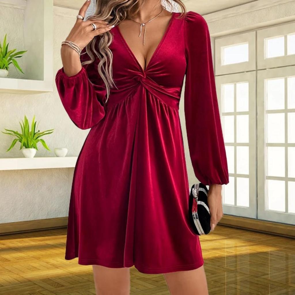 V-neck Waist Cinched Puff Sleeve Dress for Russian Market Women Casual Elegant Party Dress