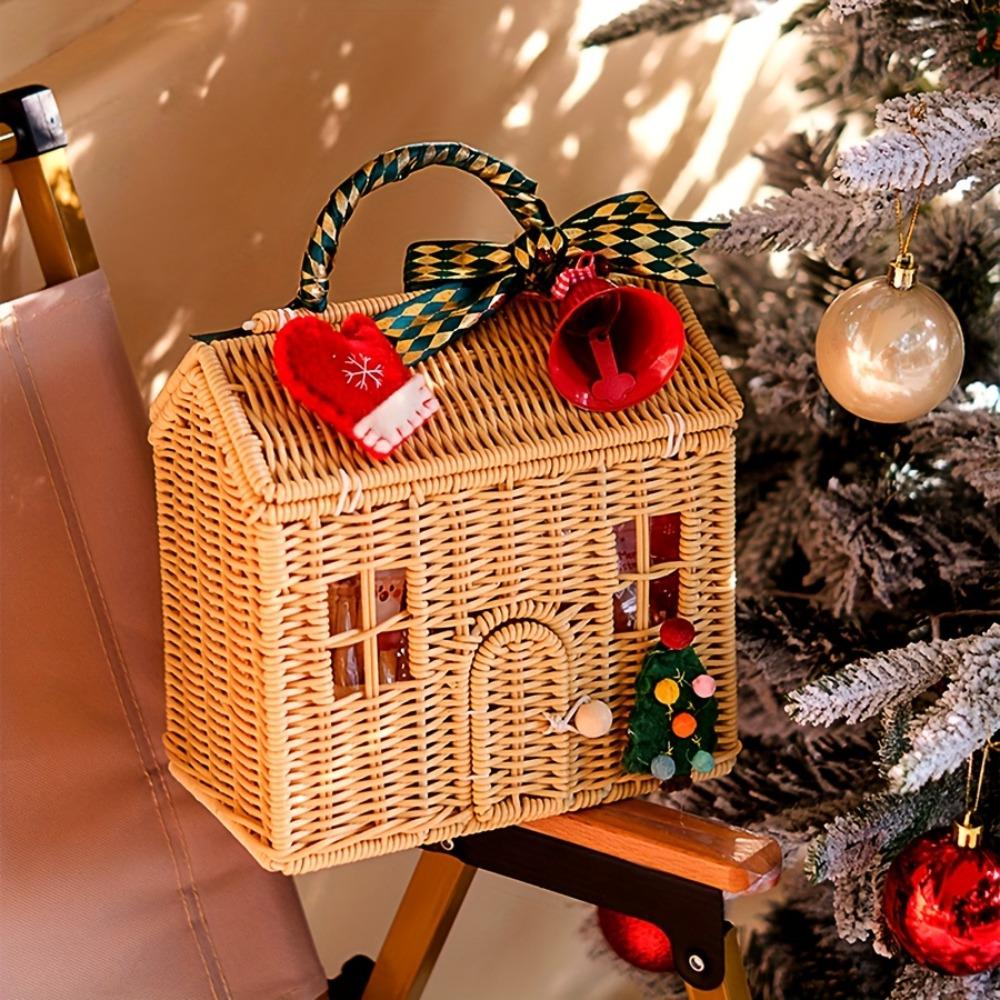 Плетеная корзина для хранения из ротанга с крышкой, переноска для кукольного домика, декоративный плетеный органайзер для полки ручной работы, рождественский подарок, произведение искусства