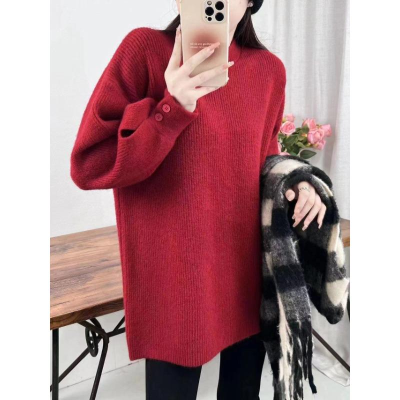 Свободный трикотажный пуловер с утолщенными манжетами в стиле ленивого ветра для женской осени и зимы, средней и длинной длины, для женщин