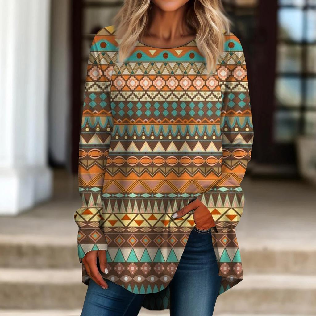 Женская повседневная футболка больших размеров с длинными рукавами и круглым вырезом в стиле ретро с принтом, верхний пуловер