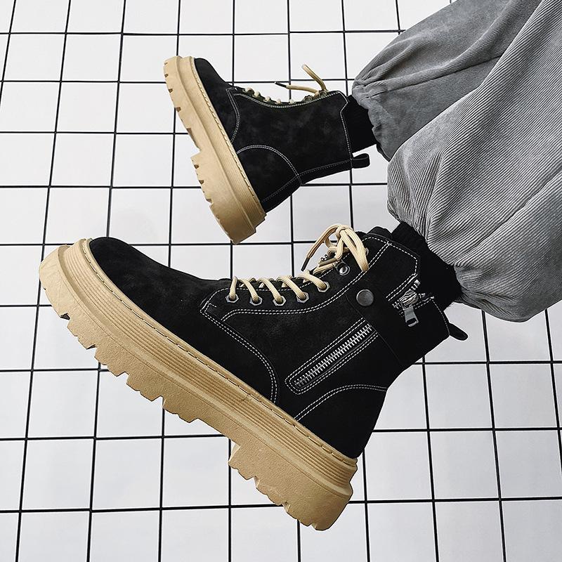 Men's Boots 2024 Autumn Thick Soled Zipper Lace-up Korean Belt Buckle Height Increasing Comfort High Top British Sports Boots