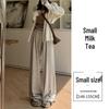 Petite Oatmeal Wide-Leg Pants for Women - High Waist, Drapey, Loose Fit, Floor-Length for Spring and Autumn.