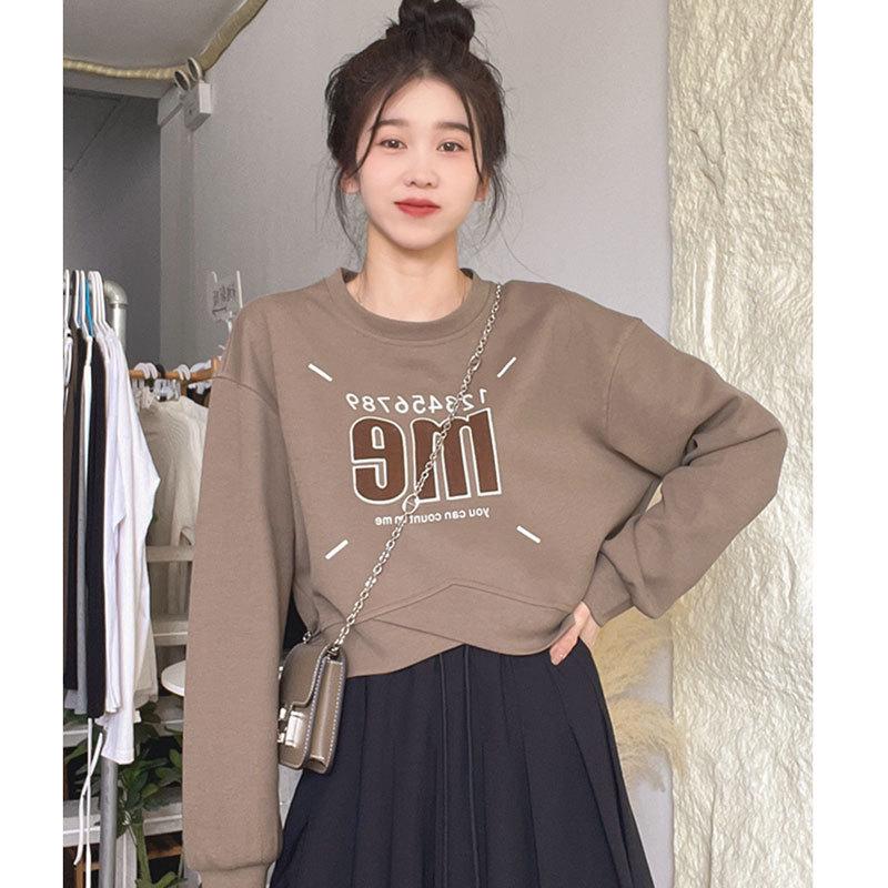 Американский принт Оверсайз свитер-пуловер с круглым вырезом - Повседневный, Универсальный, Укороченный топ с длинным рукавом