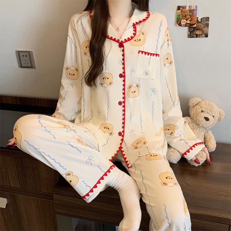 Simple puppy sweet spring ins striped shell hemming imitation cotton pajamas casual long-sleeved set