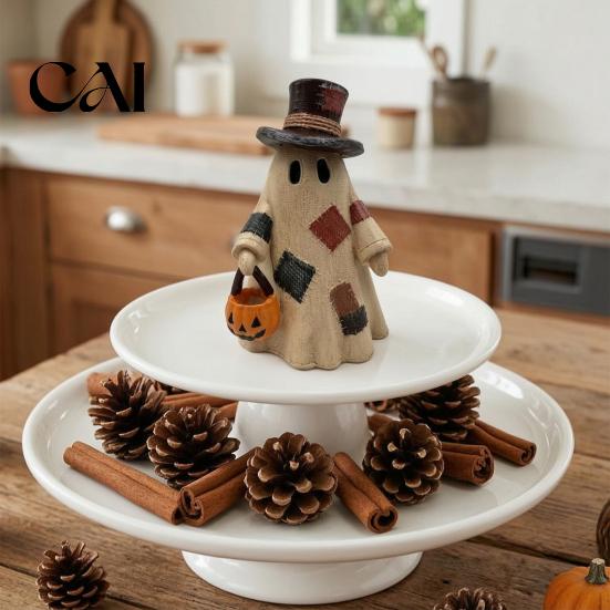 Unique Holiday Interior Ornaments Lighted Patchwork Ghost Resin Figurine with Pumpkin Lantern, Rustic Farmhouse Style Halloween Cozy Fall Fireplace