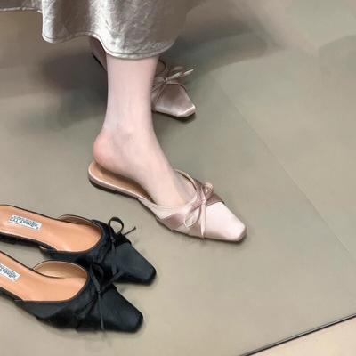 Французские полутапочки с бантиком и острым носком. Полуподдерживающие одинарные туфли на плоской подошве для женщин.