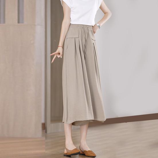 Женские укороченные брюки, однотонные, широкие, с эластичной резинкой на талии, повседневные брюки с карманами, свободные брюки для повседневной носки