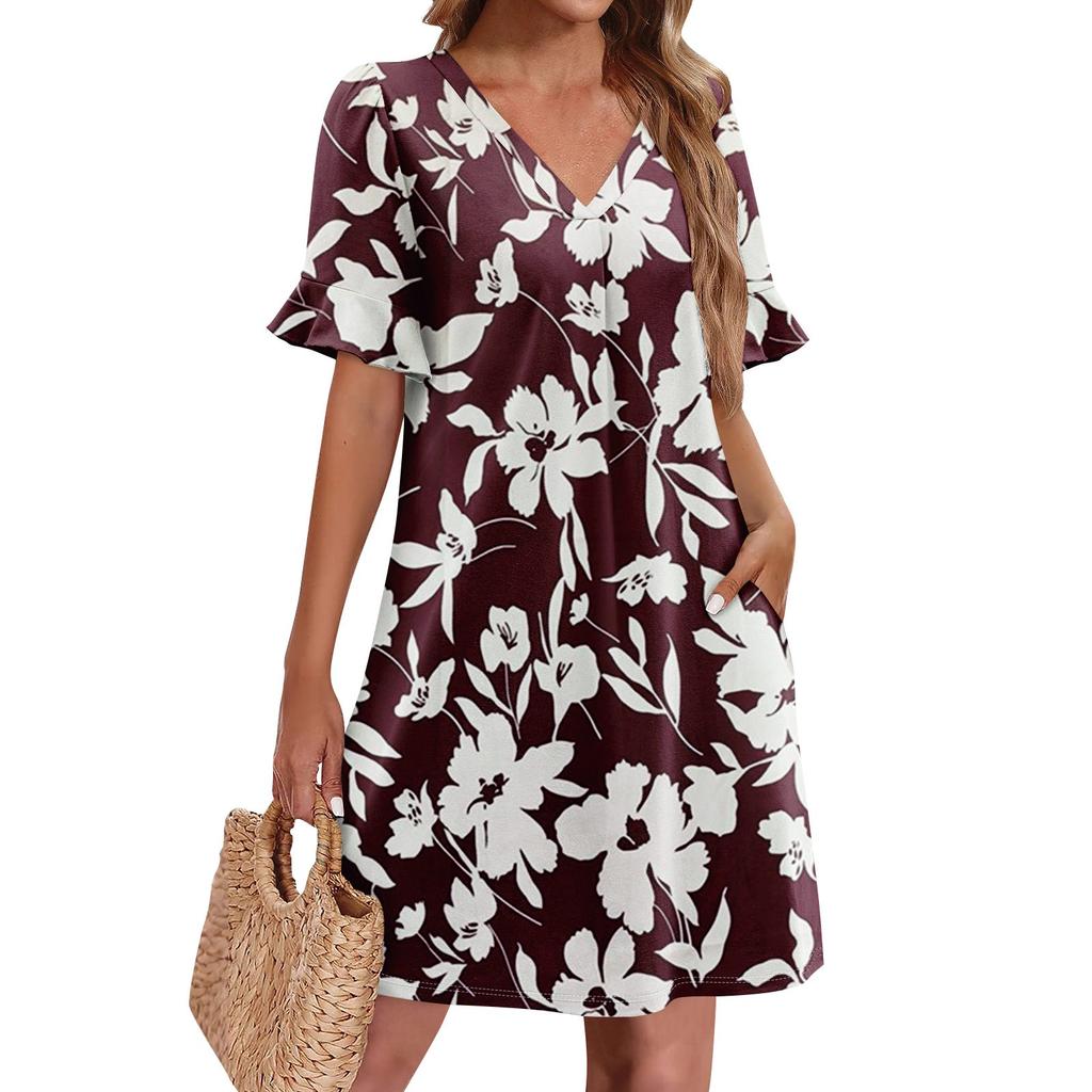Летние платья для женщин с V-образным вырезом, оборками и коротким рукавом, повседневное свободное платье с принтом, пляжное платье с карманами