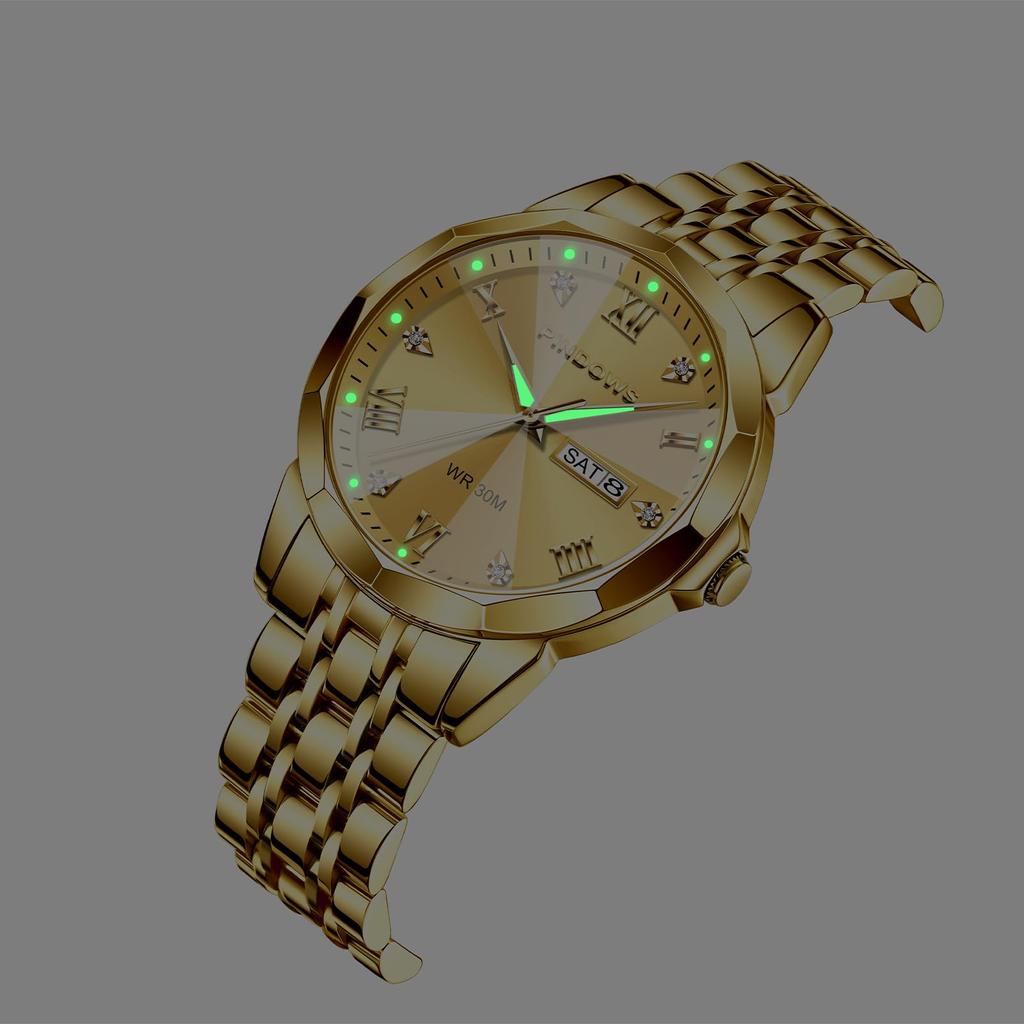 Часы PINDOWS с бриллиантами, деловые, аналоговые, кварцевые, роскошные, водонепроницаемые, с подсветкой, двухцветный браслет из нержавеющей стали, классические, модные, мужские