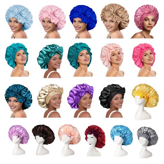 Satin Hair Bonnet for Sleeping Women Double-Layer Faux Silk Cap with Tie Curling