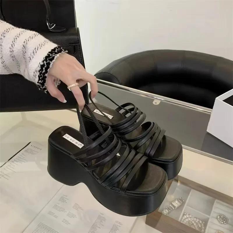 Fashion Women's Summer Chunky Heels Sandals New Fashion Strap High Heeled Slippers Woman Black Slip On Casual Platform Sandalias Mujer