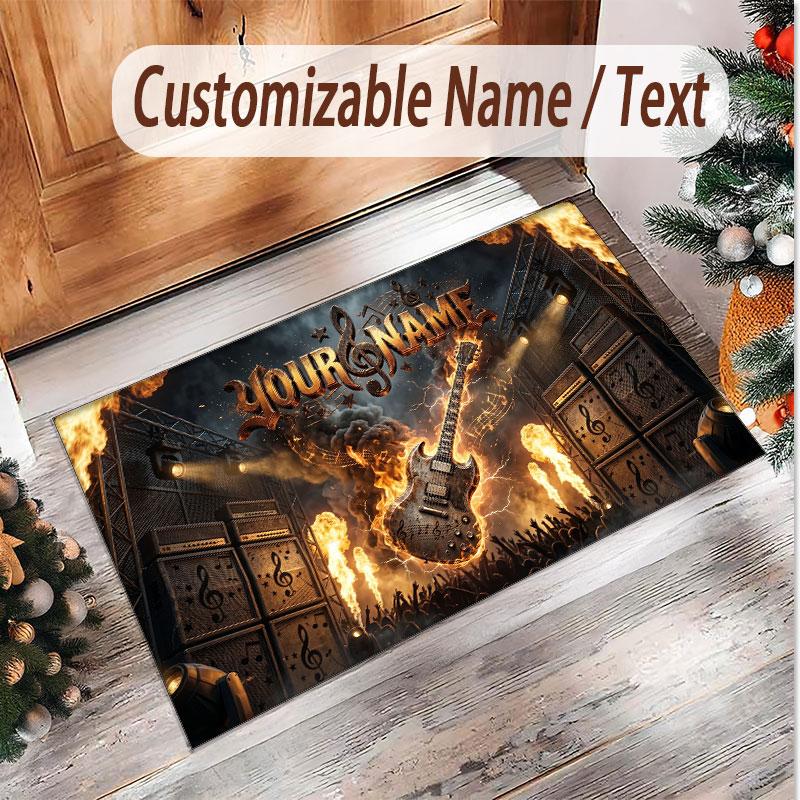Music Guitar Theme Soft Crystal Velvet Rug Custom Name & Text Print Non Slip Floor Rug for Bedroom Living Room
