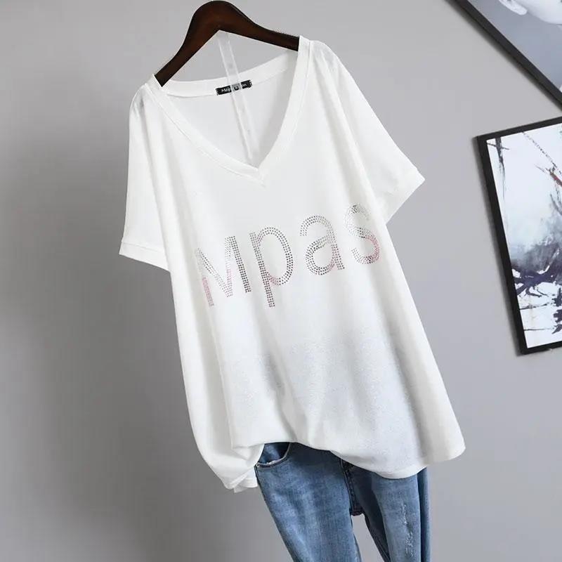 Extra Large Size T-shirt Women's Summer V-neck Clothes Fashion Loose Diamond-studded Letter Short-sleeved T-shirt Women
