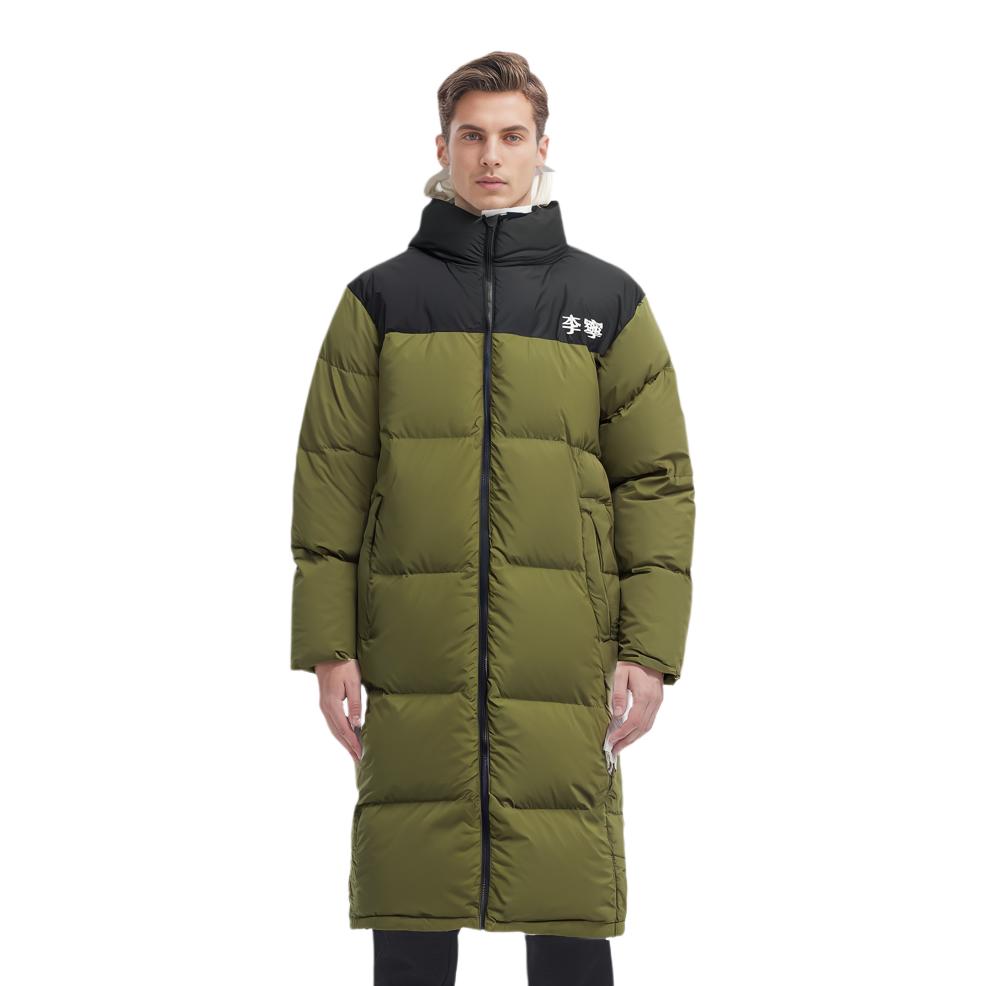 Li-Ning Цветной блок длинный пуховик с воротником-стойкой мужская верхняя одежда армейский зеленый AYMS319-4