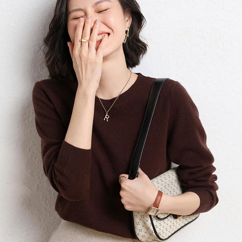 Spring and Autumn Women's Sweater Pullover Knit Sweater Round Neck Long Sleeve Sweater Bottom Shirt Solid Color Sweater