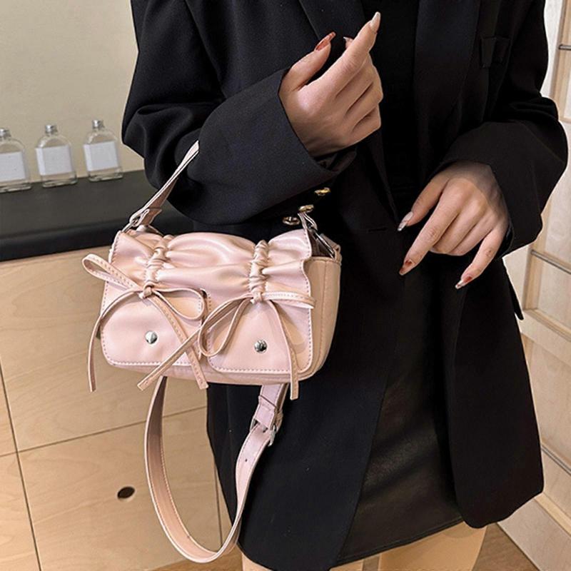 Elegant Bowknot Pu Leather Shoulder Bag for Women Versatile Crossbody Bags Satchel Handbag with Short Handle  Pink
