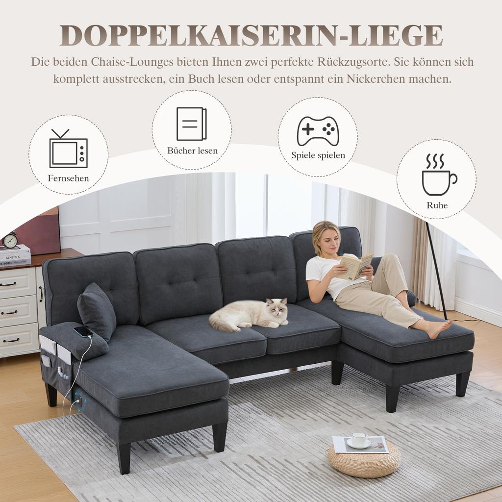 Large U-Shaped 4-Seater Sofa in Soft Linen Fabric, Modern Backrest, Two Chaise Lounges, Sturdy Legs, Cozy Seat Cushions, Decorative Pillows, Dark Grey