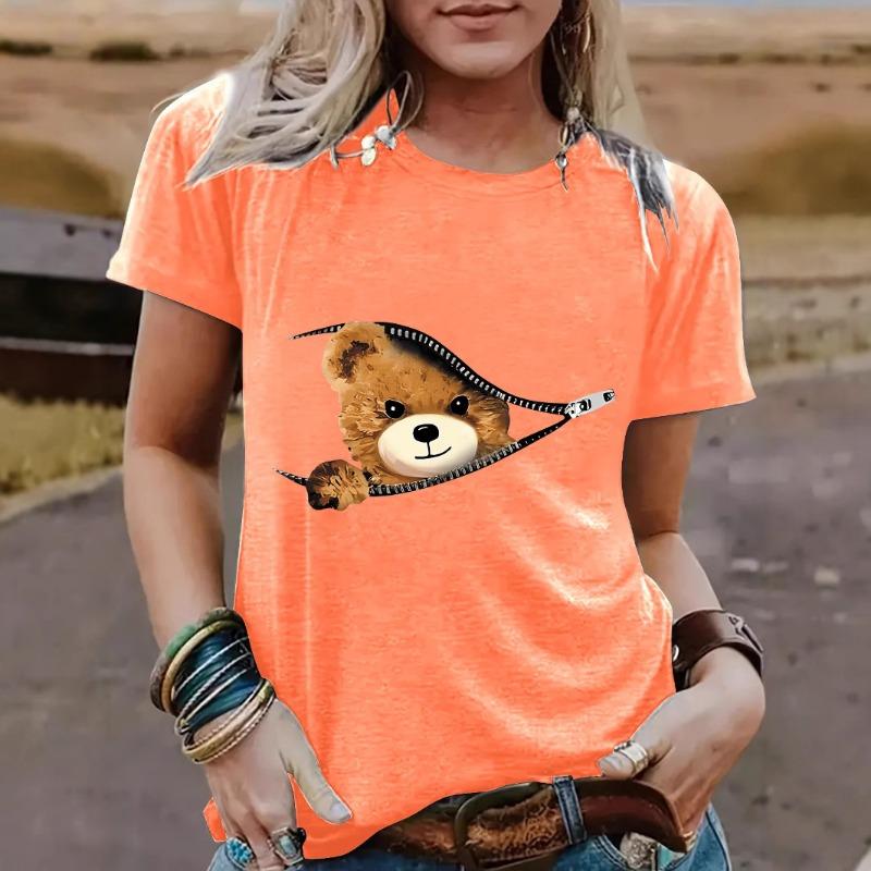Свободная футболка с коротким рукавом и круглым вырезом с принтом «Медведь на молнии» для женщин