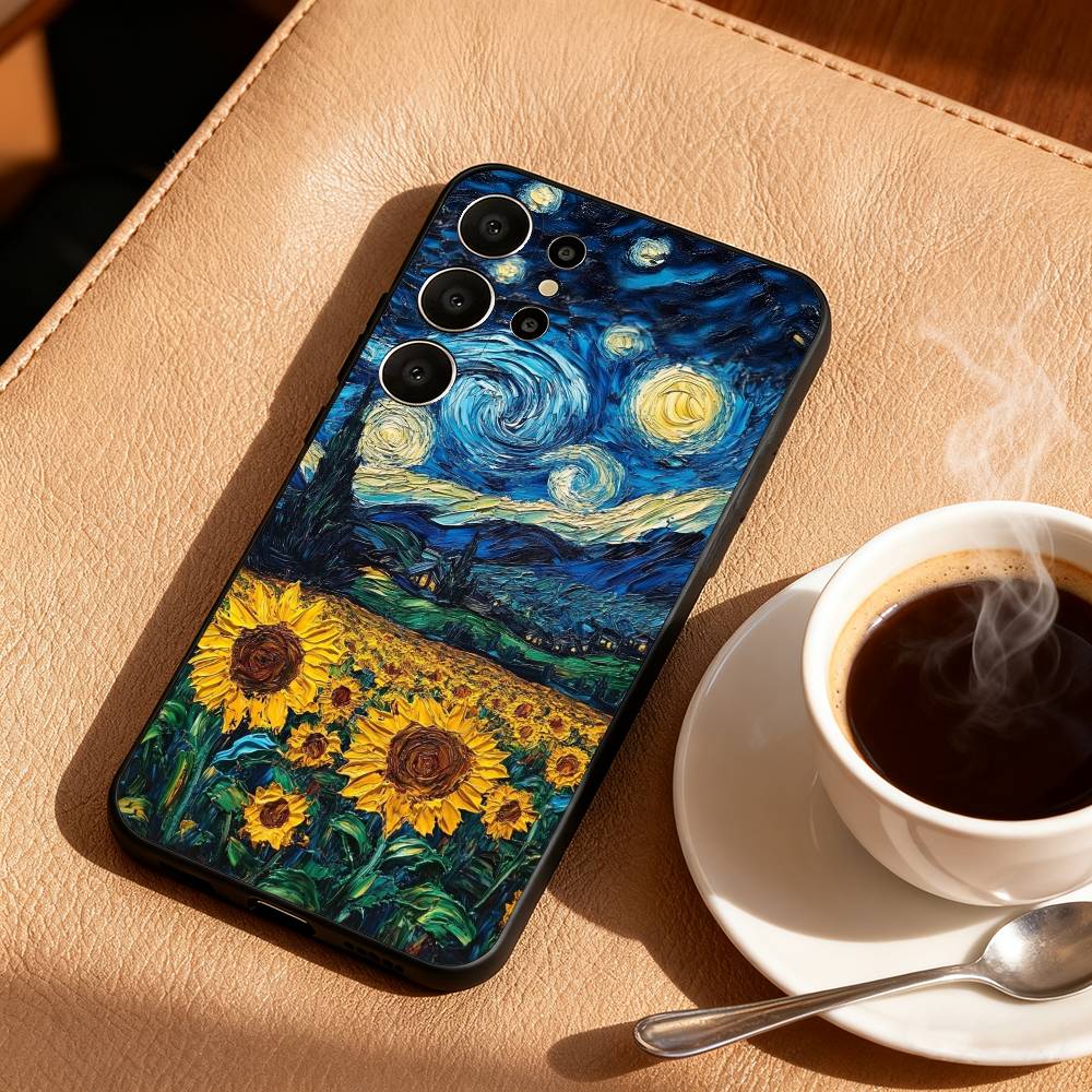 Чехол для телефона V-Van G-Gogh Звездная ночь Для Samsung S26,S25,24,23,22,30,21,10,9,Ultra,Plus,Lite,FE Мягкий черный чехол