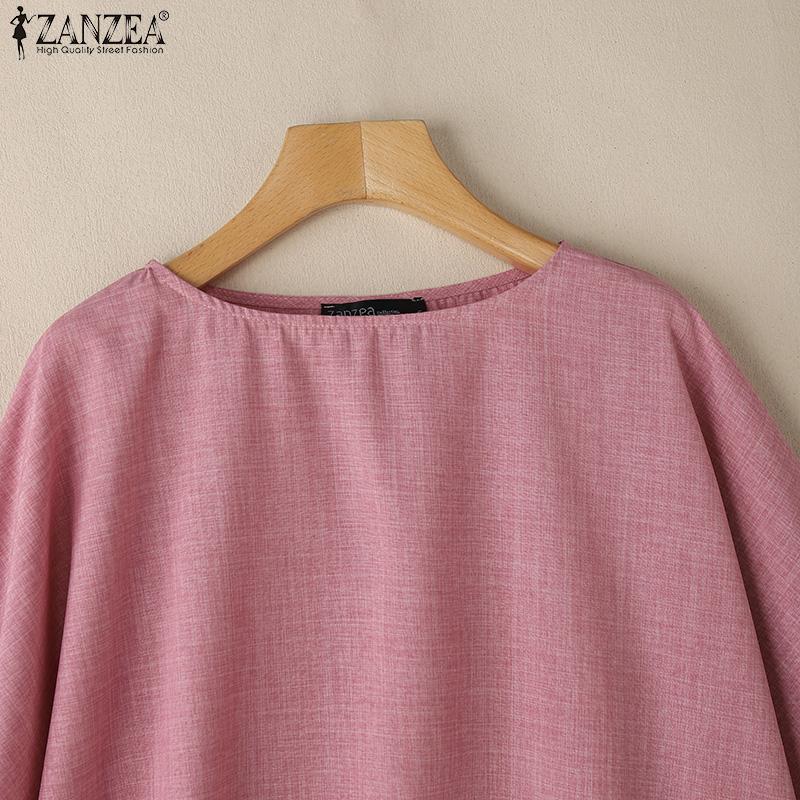 ZANZEA Women Casual Round Neck 3/4 Sleeve Loose Plain Blouse