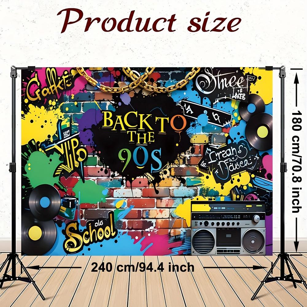 Retro 90s graffiti wall-style vinyl record player background - Vibrant graffiti art with the words "Back to the 90s"