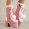 Lovely Lolita Mid-Calf Boots Women's Platform Thick Heels Sweet White Show Party Cosplay Ladies Fur Zipper Boots Pom-pom Pendant