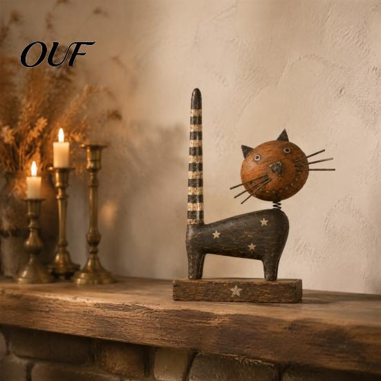 Rustic Farmhouse Table Decor Wooden Cat Ornament with Spring Shaking Head for Tabletop Decor, Handcrafted Retro Folk Art Animal Statue Desk
