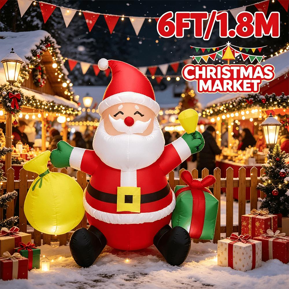 6FT Christmas Inflatable Sitting Santa Claus with Gift Bag & Present Box, LED Blow Up Santa, Outdoor Lawn Holiday Decor