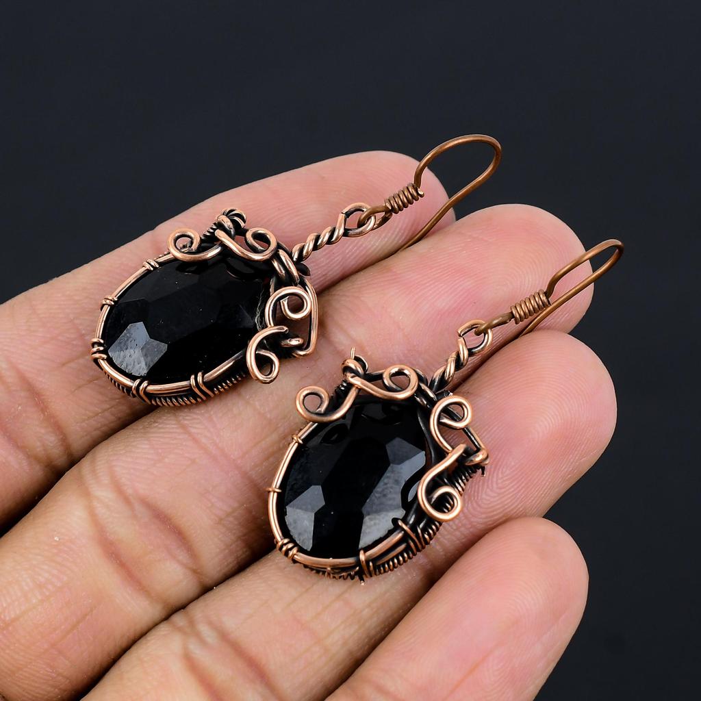 Black Onyx 999 Copper Wire Wrapped Earrings, Handmade Gemstone Jewelry Earrings For Memorial Day