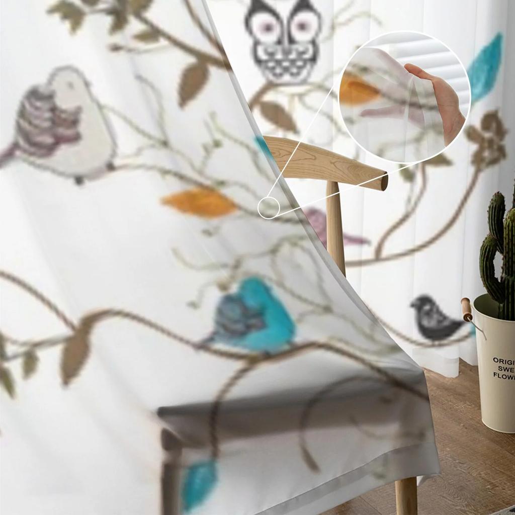 Прозрачные шторы с птицами на ветках для гостиной, тюлевые шторы для детской спальни, кухонные шторы для окон