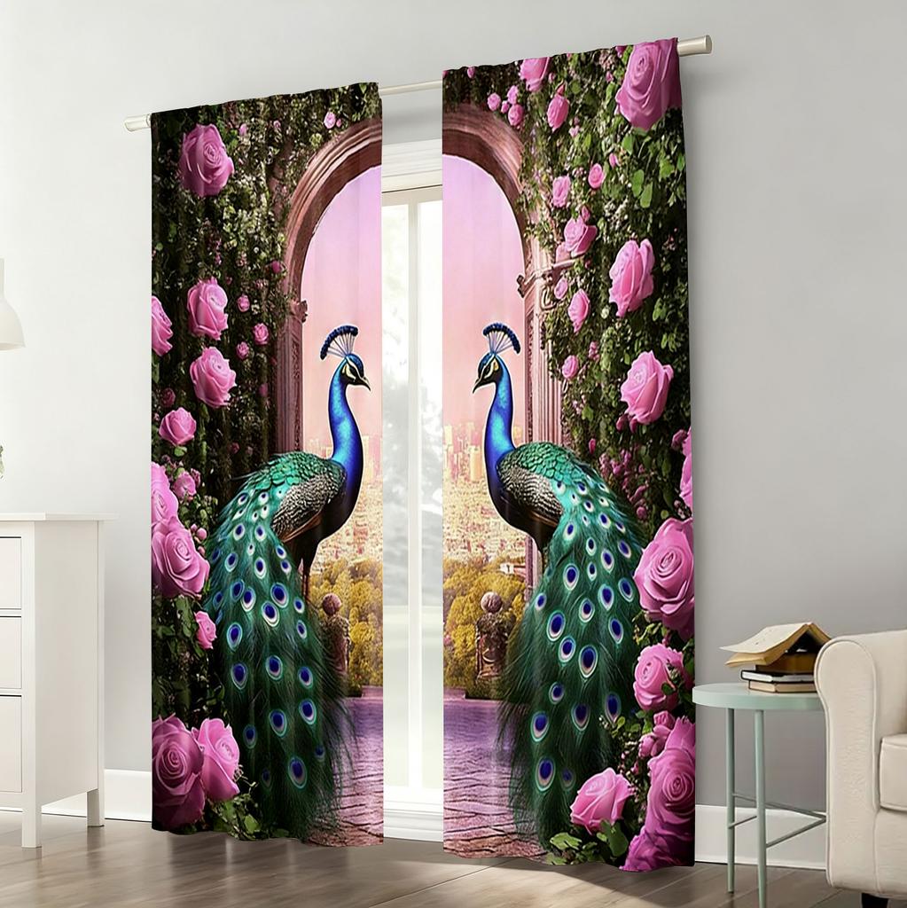 2PC Peacock & Rose Arch Curtains - Exotic Floral & Bird Print Window Drapes for Bedroom Living Room Decor