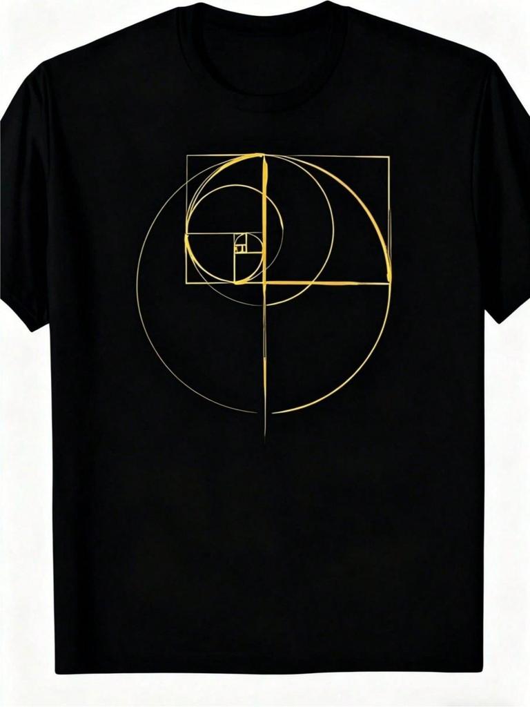 Fibonacci Spiral Geometric Design Black T-Shirt-Elegant Gold Print Soft Cotton Art Style T-Shirt Perfect For Math Lovers, Casual Outings And Everyday