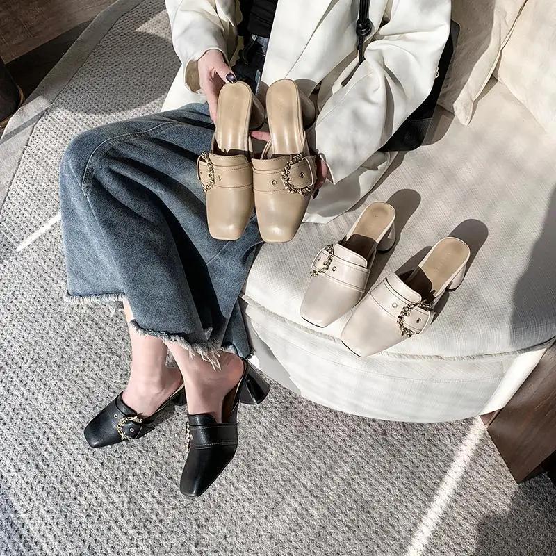 Мокасины с закрытым носком, плоские туфли, женские тапочки, женские туфли на каблуках, мюли, сексуальные высокие квадратные летние туфли, туфли-лодочки