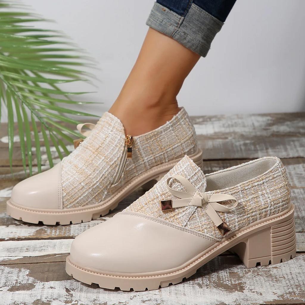 Модные женские элегантные туфли-лодочки в стиле колор-блок Comemore 2025 Весна Новинка Толстый каблук Женские одинарные туфли Круглый носок Декор в виде бантика Каблуки для женщин