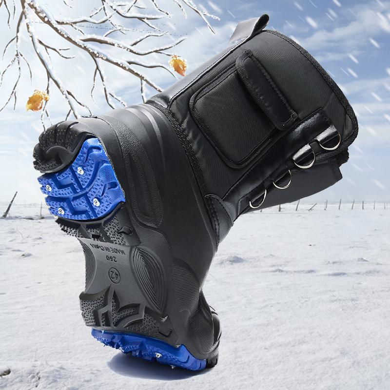 Модные черные мужские уличные ботинки, водонепроницаемые ботинки для мужчин, нескользящая подошва с шипами, износостойкие зимние ботинки, теплые плюшевые ботинки для рыбалки