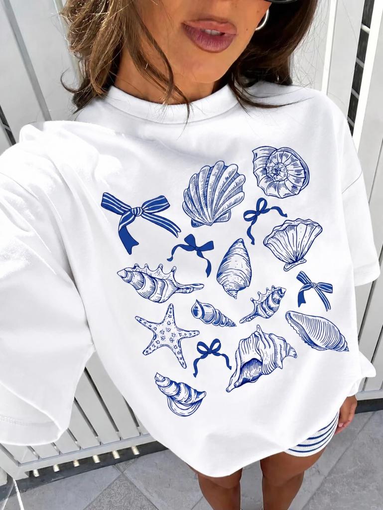 Summer American Retro Y2k Marine Animal Conch Bow Pattern Tshirt Womens Loose Round Neck Street Clothing Halfsleeved Top