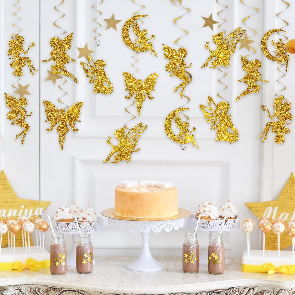32Pcs Fairy Hanging Swirl Decoration Gold Glitter Butterfly Fairy Ceiling Spiral Streamer Ornaments for Girls First Birthday Baby Shower Party