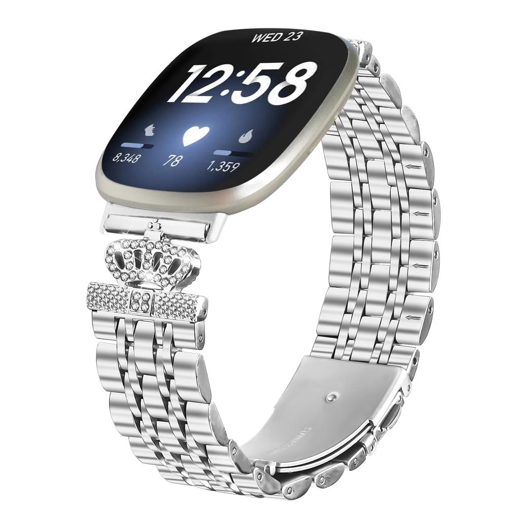 For Fitbit Versa 4/Sense 2 Watch Band 7-Bead Rhinestone Crown Stainless Steel Strap Silver