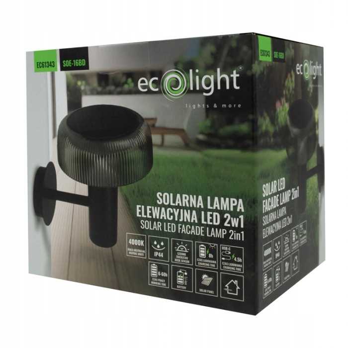 Solarna + Usb Lampa Elewacyjna Led 2W1 Ip44 Soe-16Bd Czarny Klosz