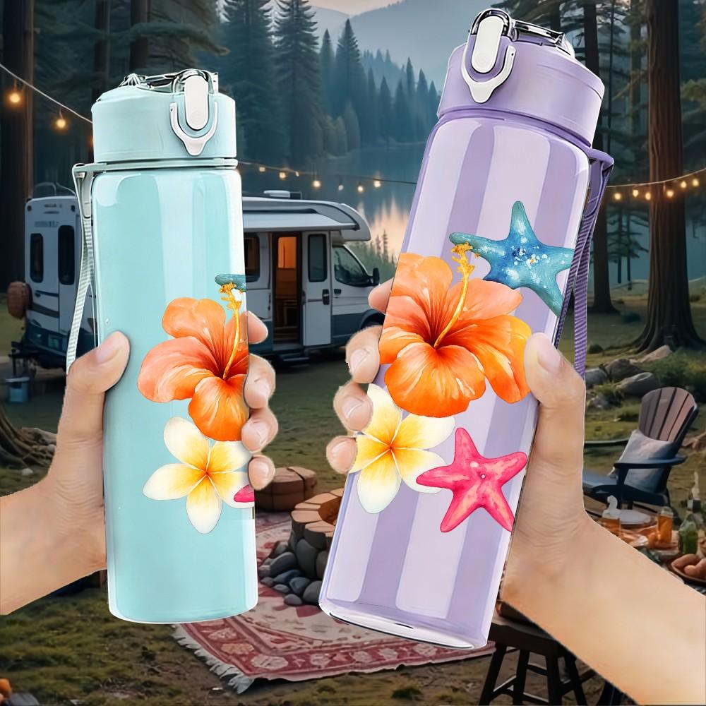 1PC Plumeria Flower Starfish Art 750ml Color Plastic Sports Water Bottle Leakproof Flip Straw Lid Suitable for Sports Office Home Use
