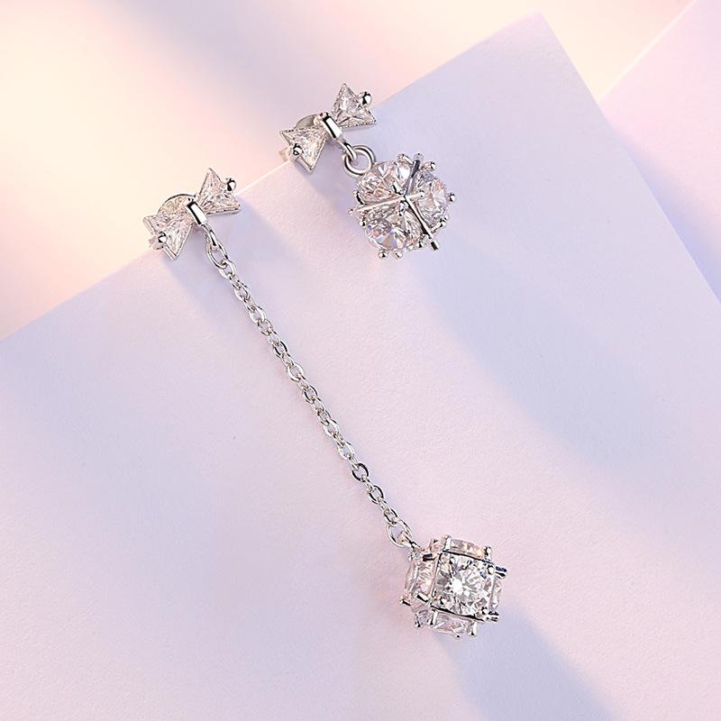 Womens Korean Fashion 925 Silver Plated Anti-allergy Square Zircon Crystal Rubik's Cube Candy Bows Dangle Drop Earrings Female Ear Jewelry Xmas Gift