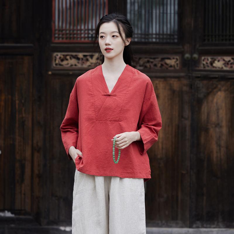 Johnature Женские винтажные льняные футболки с v-образным вырезом, футболки с семью рукавами, однотонная одежда, осенняя футболка на пуговицах в китайском стиле
