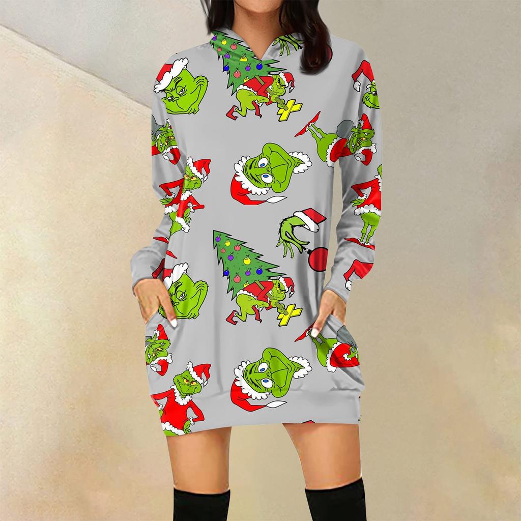 Женская свободная повседневная толстовка с капюшоном и карманом с длинными рукавами с рождественским принтом, длинный топ