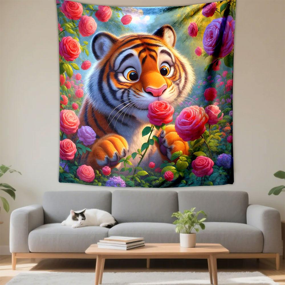 Cute Tiger Sniffing Pink Roses Patterned Tapestry Decorative Wall Hanging, Home Bedroom Living Room Decor