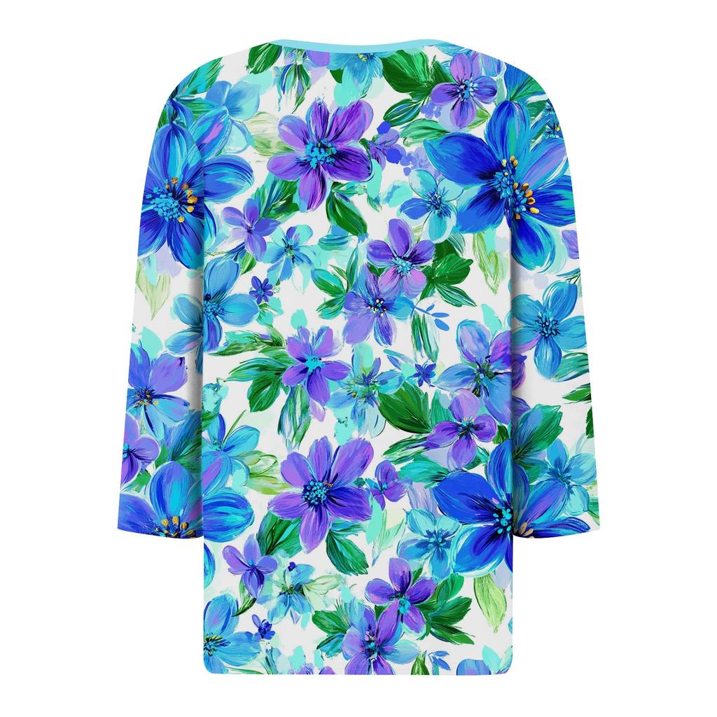 3/4 Length Sleeve Womens Tops Print Vintage Fashion Casual Loose With V Neck Plus Size Shirts Tops